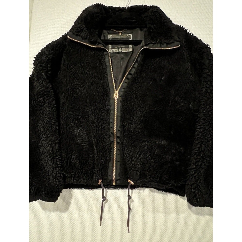 Lucky Brand Black Faux Fur Teddy Jacket Rose Gold Zip Drawstring Large